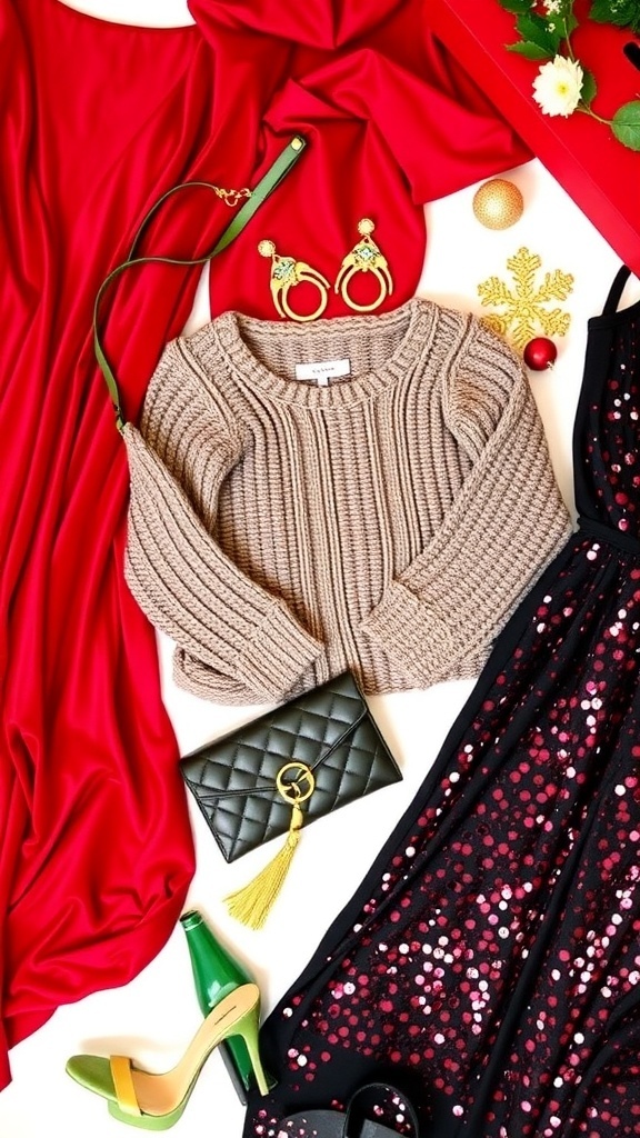 Flat lay of Christmas party outfits including dresses, sweaters, and accessories.